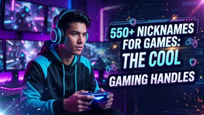 550+ nicknames for games with cool gaming handles, neon controller, keyboard, headset, and futuristic esports theme