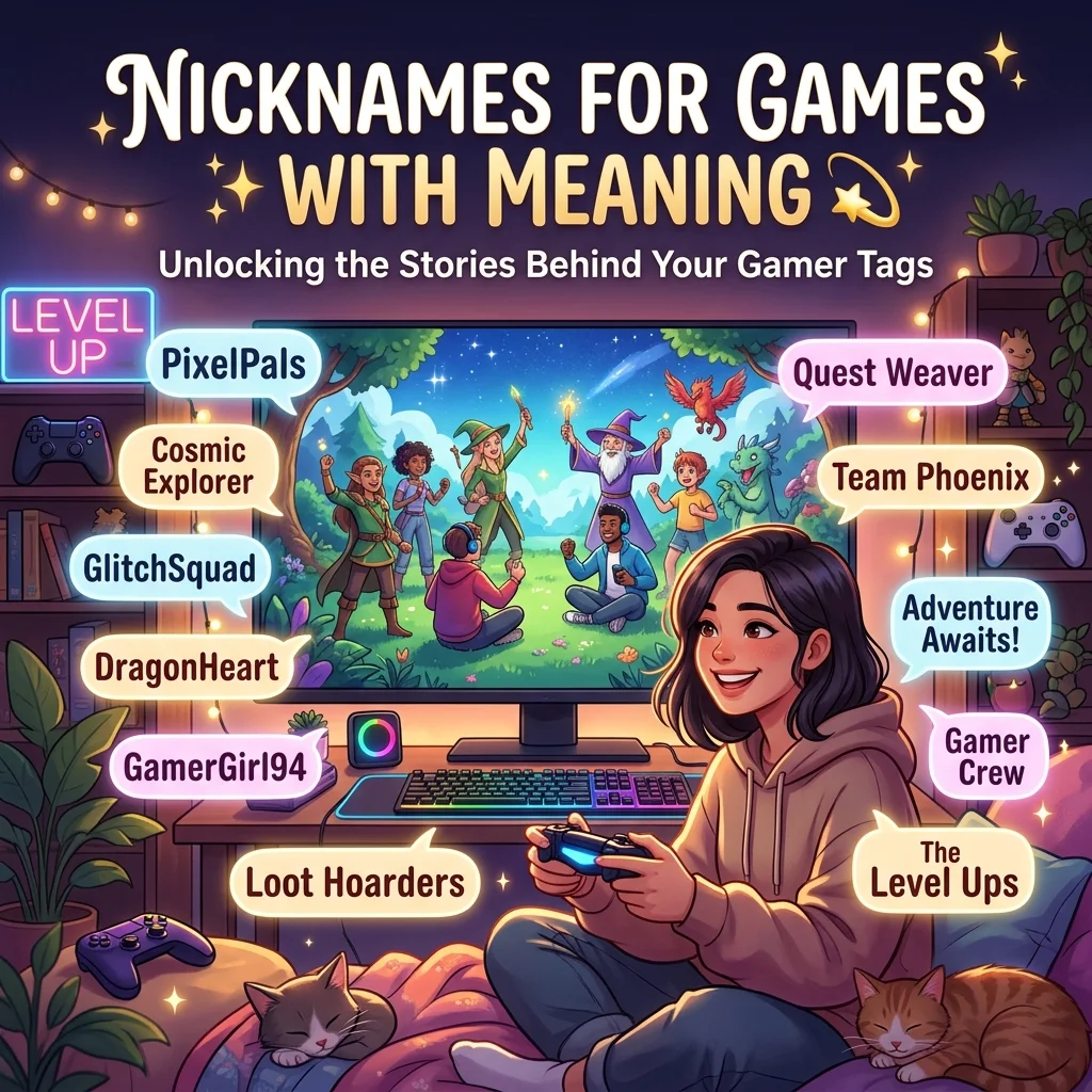 Nicknames for games with meaning featuring creative gaming handles, neon controller, keyboard, and futuristic esports-inspired design