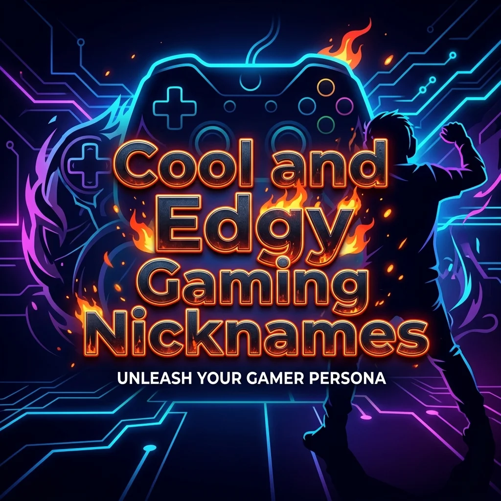 Cool and edgy gaming nicknames with neon gaming setup, controller, keyboard, headset, and futuristic esports-inspired design