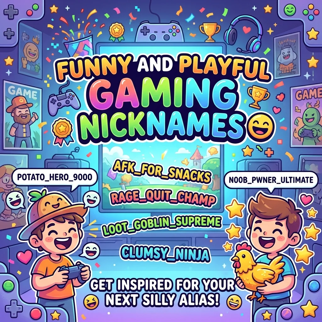 Funny and playful gaming nicknames with colorful gaming setup, controller, keyboard, headset, and cheerful esports-inspired design