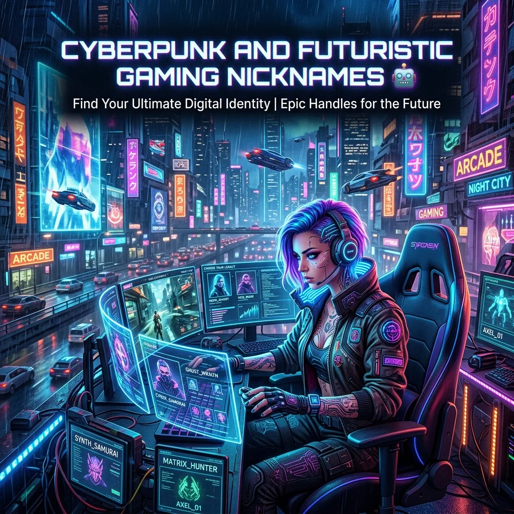 Cyberpunk and futuristic gaming nicknames with neon sci-fi visuals, glowing controller, keyboard, and esports-inspired gaming setup