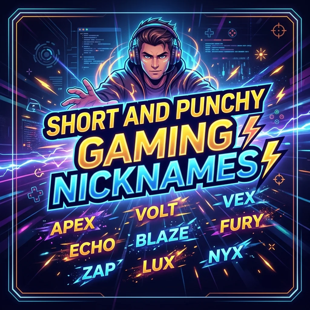 Short and punchy gaming nicknames with neon gaming setup, controller, keyboard, headset, and futuristic esports theme