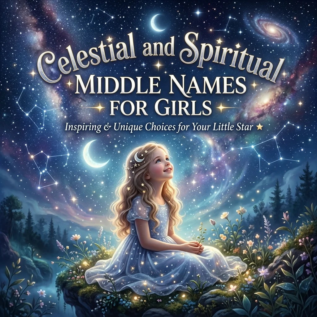 Celestial and spiritual middle names for girls with dreamy stars, moon, and elegant baby name design