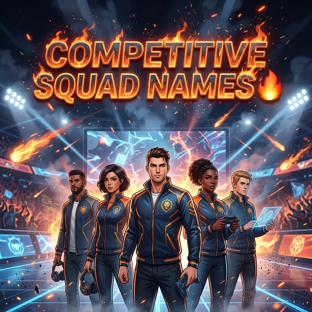 Competitive squad names with fierce gaming visuals, fiery effects, and powerful esports team branding