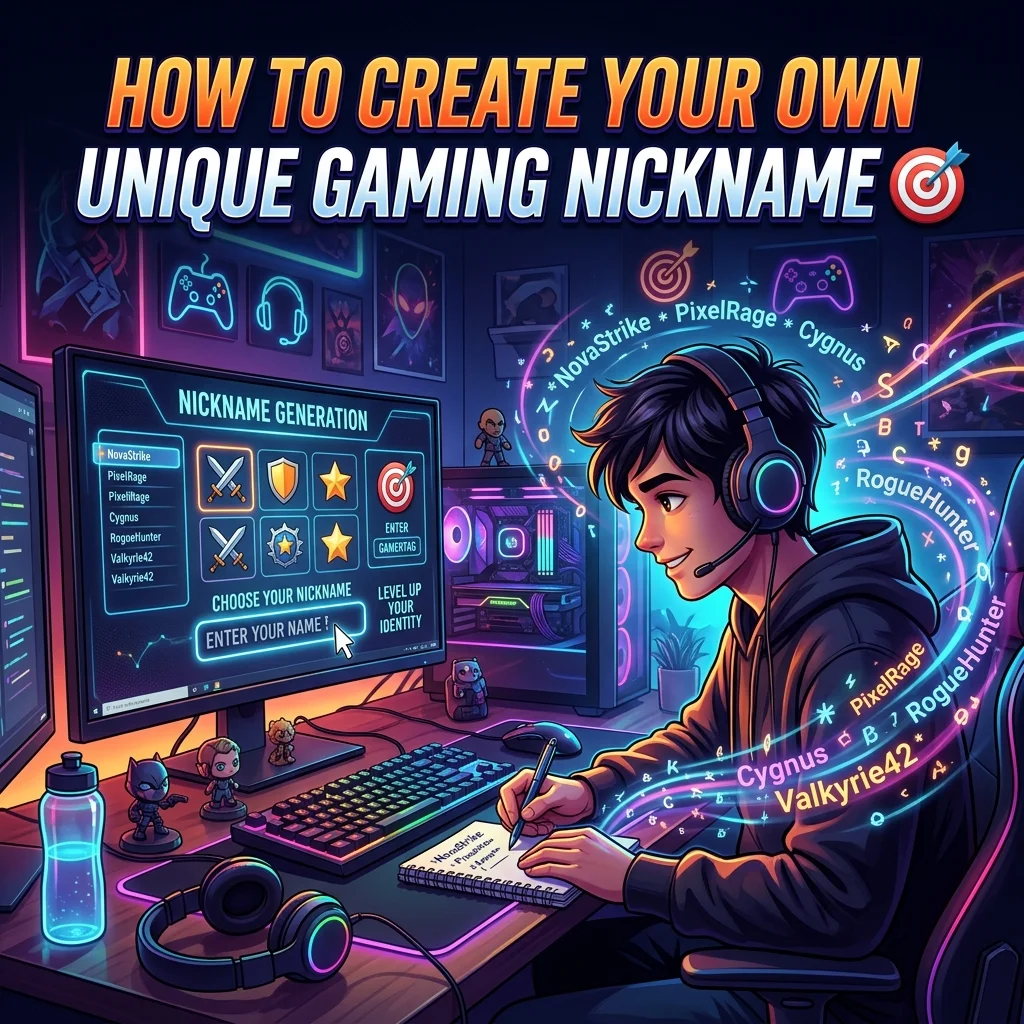 Guide to creating a unique gaming nickname with neon gaming setup, controller, keyboard, and futuristic esports-inspired design
