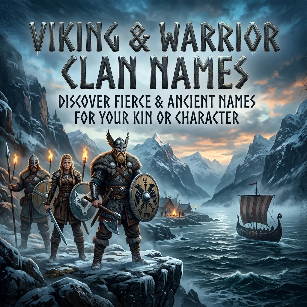 Viking and warrior clan names with fierce Nordic gaming visuals, icy effects, shields, and powerful battle-inspired design