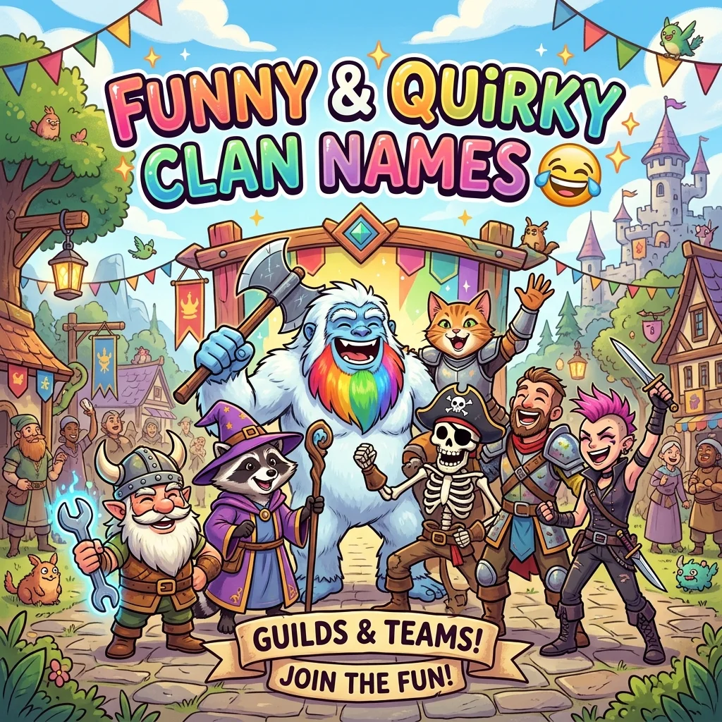 Funny and quirky clan names with playful gaming visuals, colorful effects, and humorous esports-inspired design