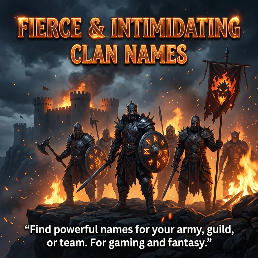 Fierce and intimidating clan names with bold gaming visuals, fiery effects, and a powerful esports-inspired design