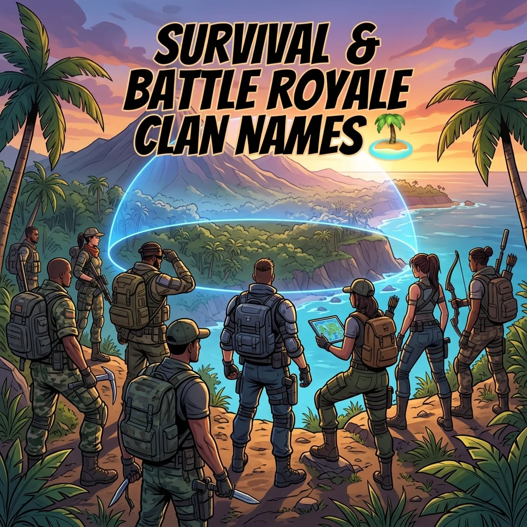 Survival and battle royale clan names with intense gaming visuals, island terrain, weapons, and competitive esports design
