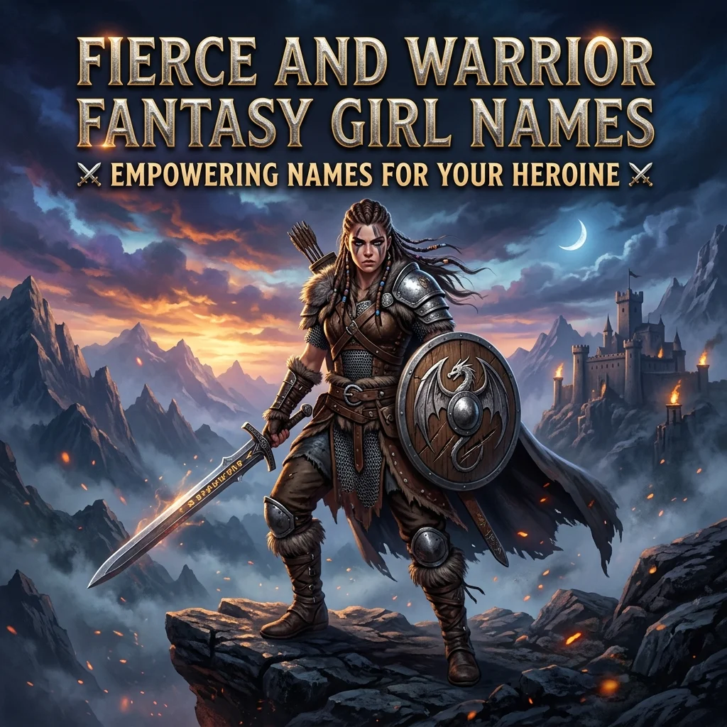 Fierce warrior fantasy girl names with powerful female characters, magical armor, swords, and epic fantasy battle visuals