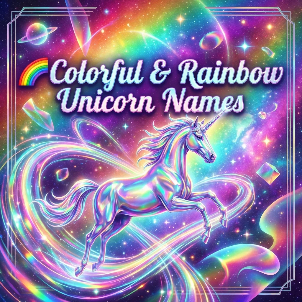 Colorful and rainbow unicorn names featuring bright, magical, cute, whimsical, and creative character name ideas