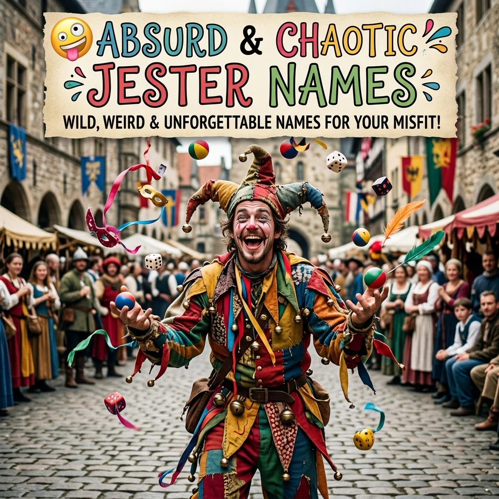 Absurd and chaotic jester names with weird, funny, unpredictable, mischievous, bizarre, and creative ideas