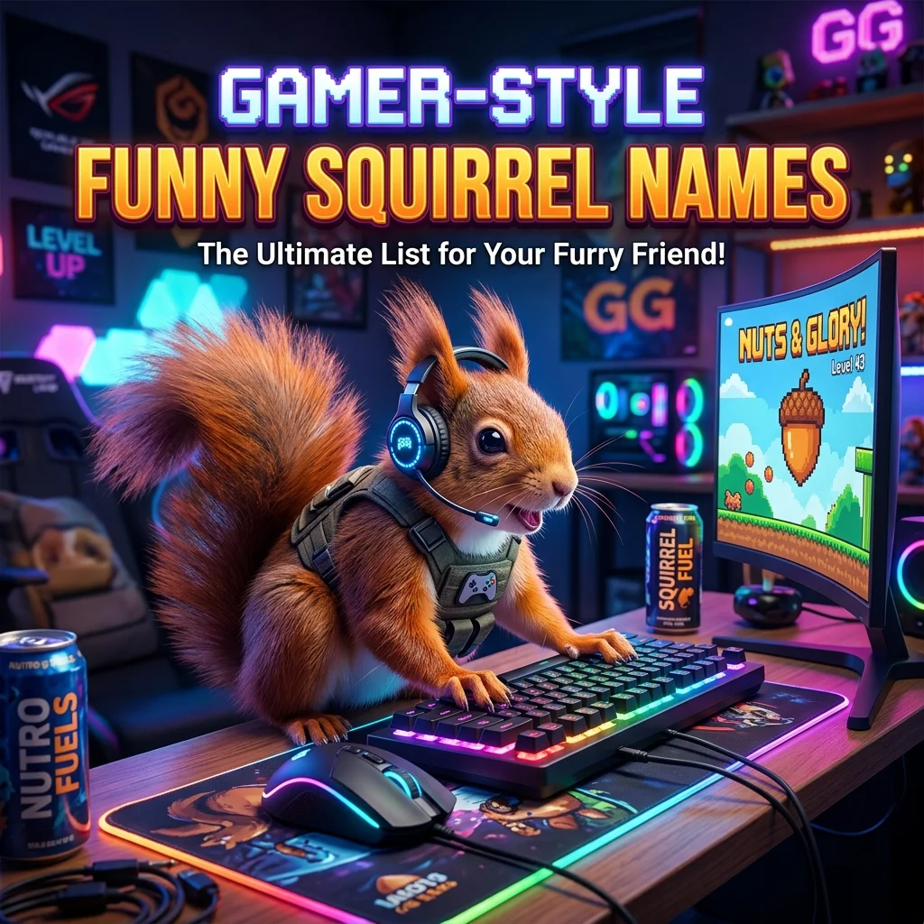 Gamer-style funny squirrel names with cool, hilarious, clever, gaming, nutty, and creative ideas